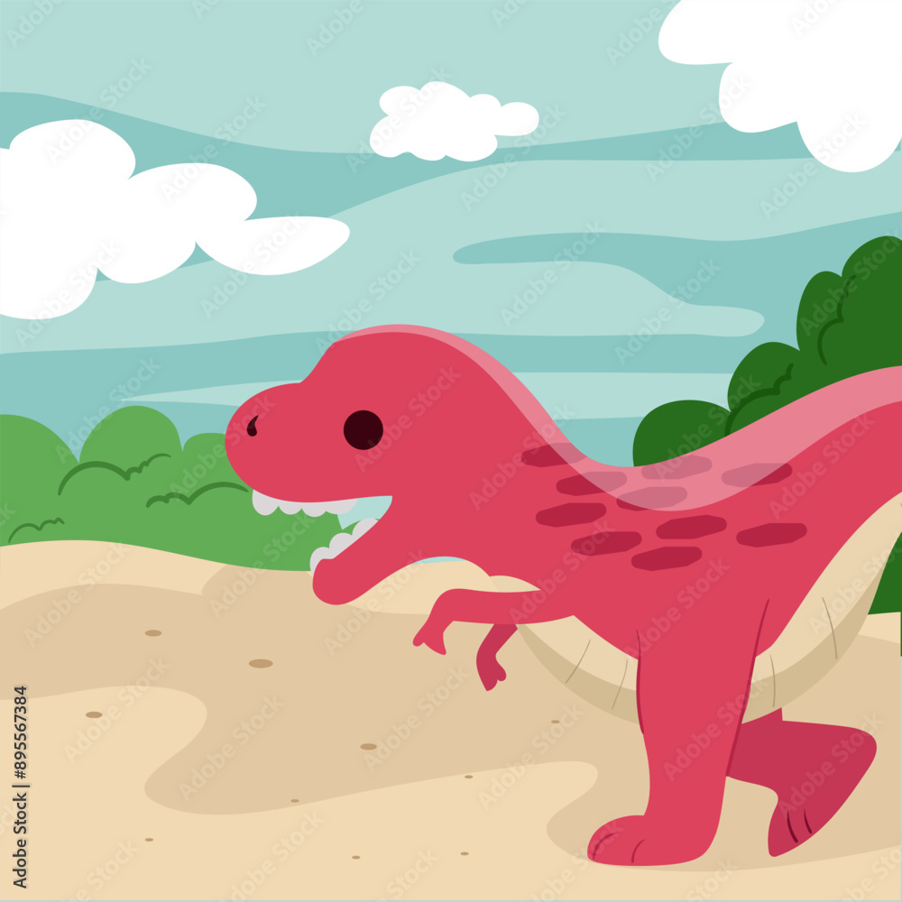 Obraz premium Tyrannosaurus Rex Dinosaur cartoon character for greeting card design, congratulation and invitation postcard creation.