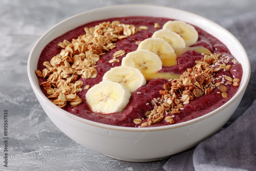 A bowl of na tigela, a smoothie bowl made with berries, topped with granola, bananas, and a drizzle of honey A bowl of na tigela, a smoothie bowl made with berries, topped with granola, bananas, and a drizzle of honey