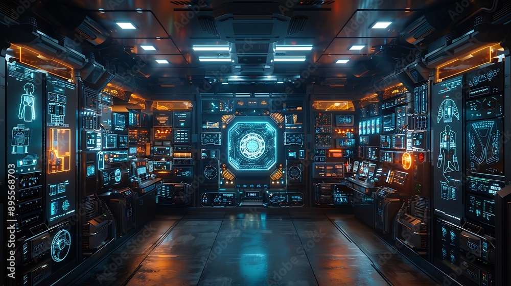 A futuristic wardrobe with holographic clothing displays and glowing outfit selectors, promoting fashion A futuristic wardrobe with holographic clothing displays and glowing outfit selectors, promoting fashion