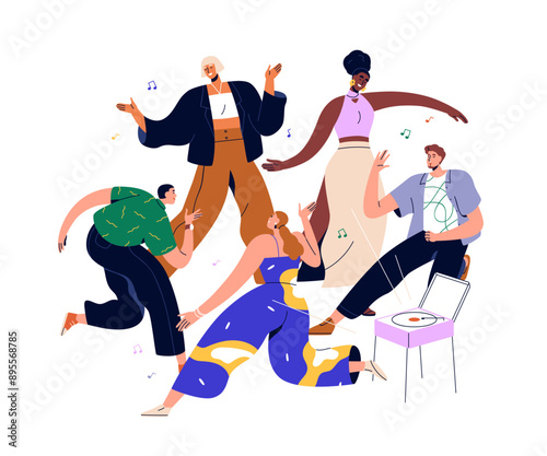 Dancing people at disco. Happy men, women group at modern retro vinyl music p...
