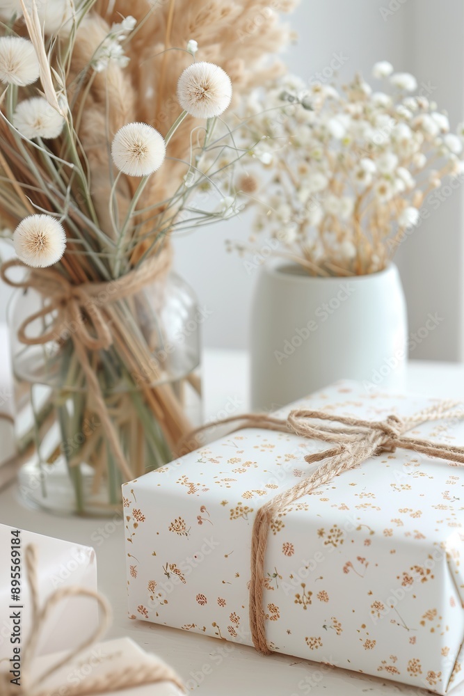 Gift packaging placed on the table with a gift box, Scandinavian style design Gift packaging placed on the table with a gift box, Scandinavian style design