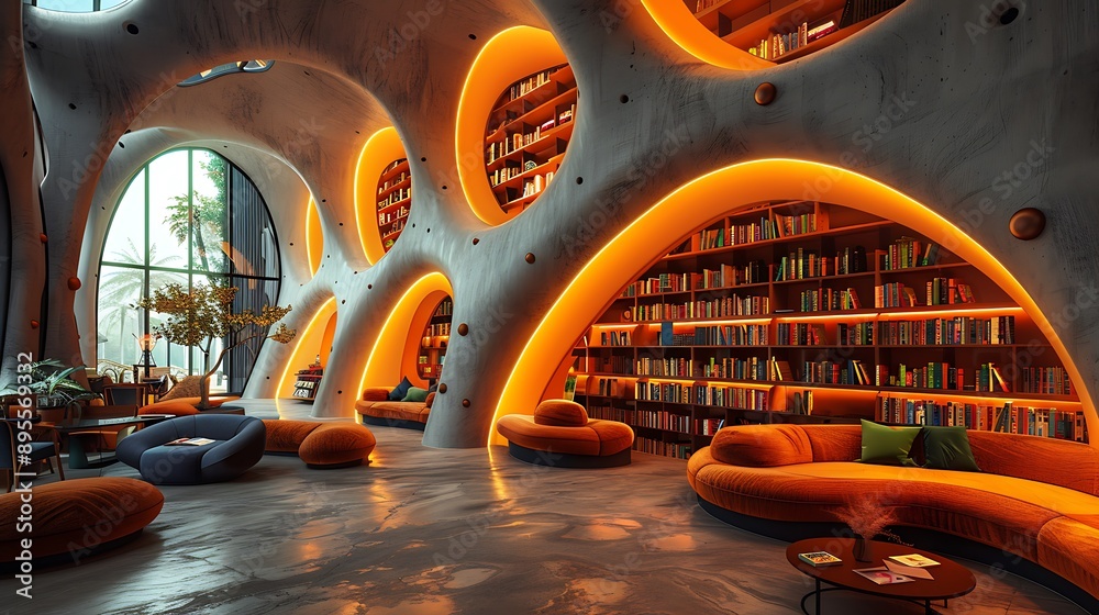 Fototapeta premium A high-tech library with robotic book sorting systems and neon-infused reading nooks, promoting knowledge 