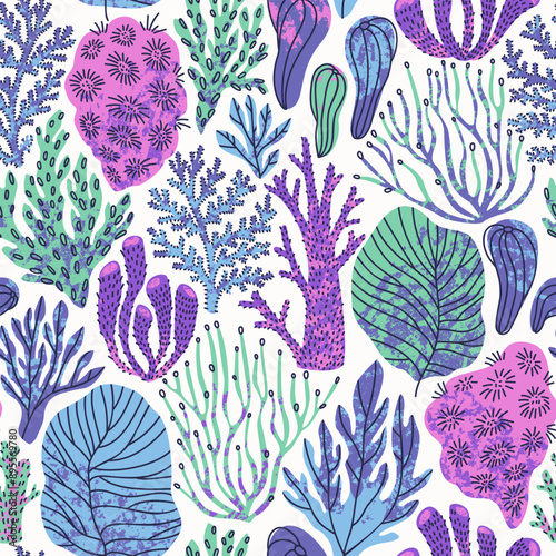 Seamless pattern with corals and underwater plants on a white background. Pattern for summer fabrics. Flat vector illustration