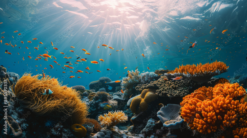 Fototapeta premium Underwater view of vibrant coral reef with sunbeams and fish