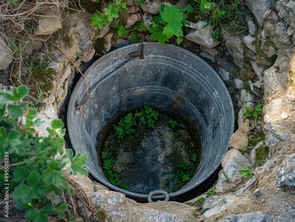 Water-filled bucket on rocky outcrop Water-filled bucket on rocky outcrop