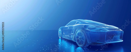 A detailed digital wireframe rendering of a futuristic car concept. The car is depicted with intricate lines and a sleek design, highlighting modern automotive technology and innovation