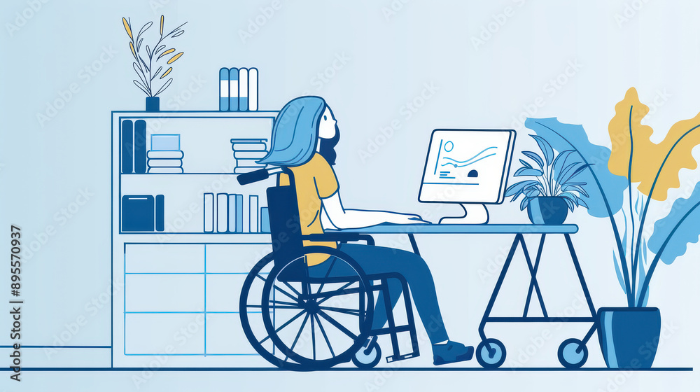 Fototapeta premium Office environment with a blue-haired female employee in a wheelchair, working remotely at her computer, emphasizing inclusivity and Pride Month business marketing