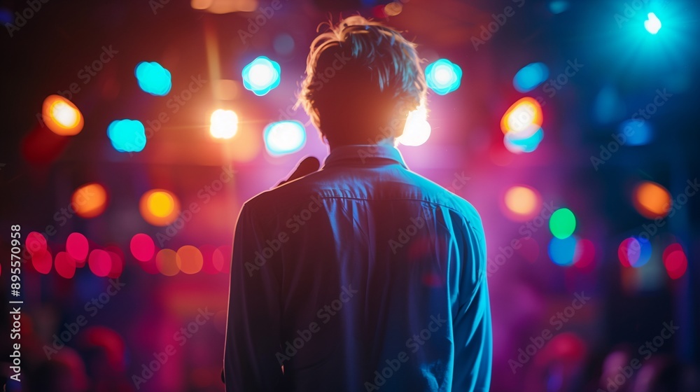 comedian at a stand-up evening a comedian stands on stage with a microphone view from the back of the comedian