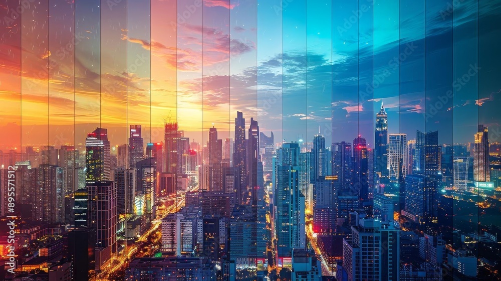 A stunning timelapse image of a cityscape showcasing the transition from day to night The photo captures different times of the day A stunning timelapse image of a cityscape showcasing the transition from day to night The photo captures different times of the day