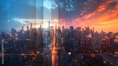 A stunning timelapse image of a cityscape showcasing the transition from day to night The photo captures different times of the day