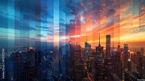 A stunning timelapse image of a cityscape showcasing the transition from day to night The photo captures different times of the day