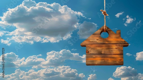 A wooden houseshaped sign hanging from a wooden post photo