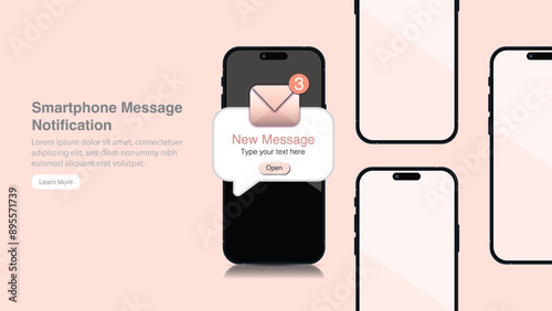 New Message Notification with Envelope Label on Smartphone Screen Device Banner. Mobile Phone with Pop-up Message and Email Notification and Reminder Concept. Vector Illustration.