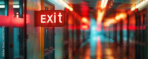 A dimly lit building corridor featuring a prominent red emergency exit sign photo