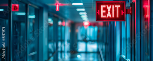 A dimly lit building corridor featuring a prominent red emergency exit sign photo