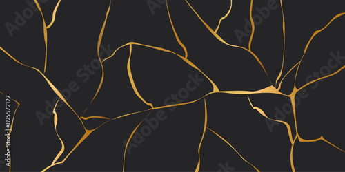 Kintsugi gold simple break lines, asian geaometric crackle. Surface with crack print, effect. Moderm cover golden broken texture.