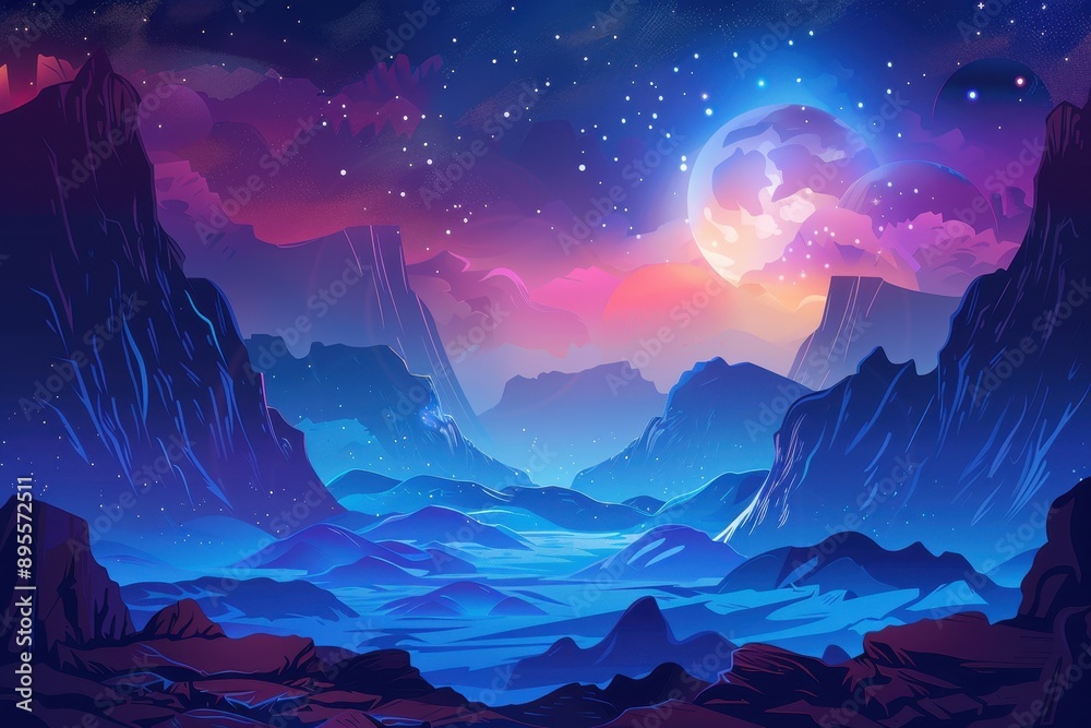 Mystical landscape with glowing moon and vibrant sky