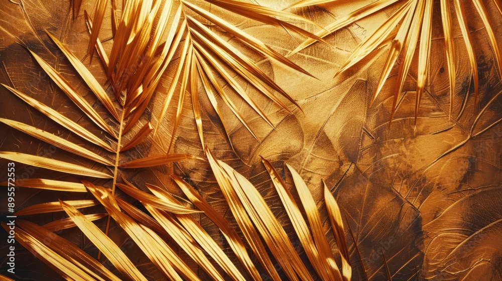 Abstract tropical summer background with golden palm leaf texture. Vintage tone style. Copy space for design. Abstract tropical summer background with golden palm leaf texture. Vintage tone style. Copy space for design.