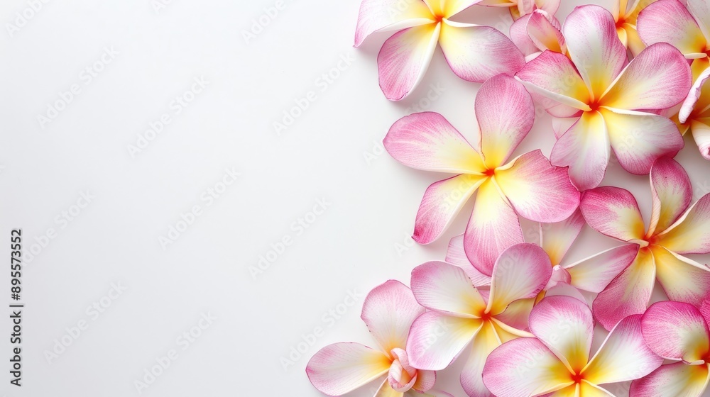pink frangipani flower on white background with copyspace