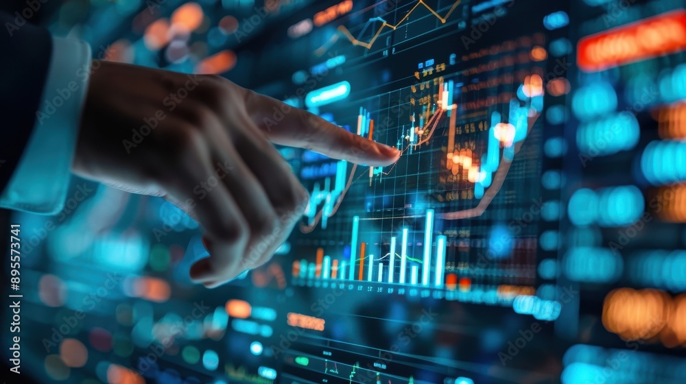 Business Professional Analyzing Financial Data on Interactive Digital Screen with Graphs and Charts Business Professional Analyzing Financial Data on Interactive Digital Screen with Graphs and Charts