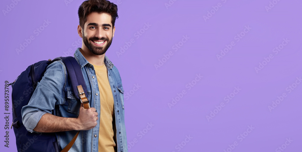 Portrait of attractive happy traveler man on purple copy space background. Portrait of attractive happy traveler man on purple copy space background.