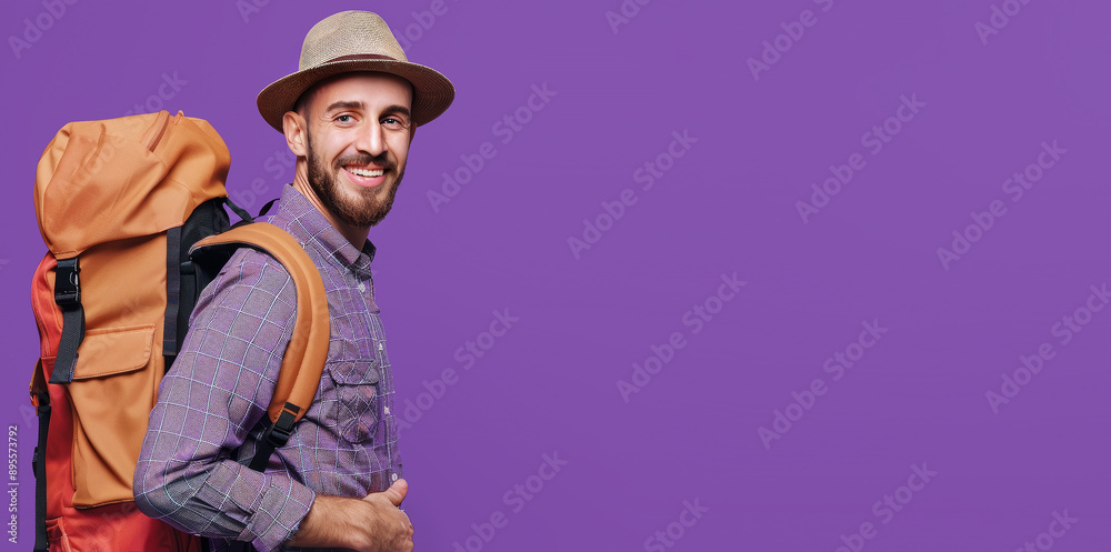 Portrait of attractive happy traveler man on purple background. Portrait of attractive happy traveler man on purple background.