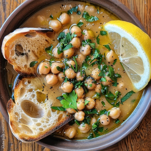 A bowl of revithia, a simple chickpea soup with olive oil, lemon, and herbs, served with crusty bread. photo