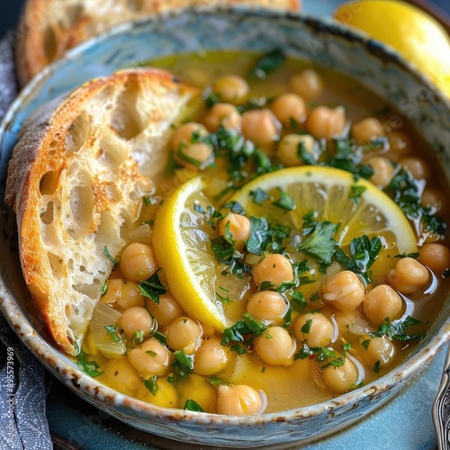 A bowl of revithia, a simple chickpea soup with olive oil, lemon, and herbs, served with crusty bread. photo