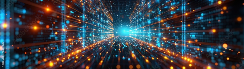 Futuristic Digital Data Stream with Glowing Blue and Orange Lights in a High-Tech Tunnel Futuristic Digital Data Stream with Glowing Blue and Orange Lights in a High-Tech Tunnel