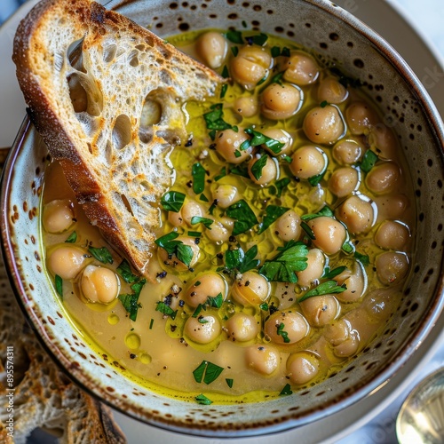 A bowl of revithia, a simple chickpea soup with olive oil, lemon, and herbs, served with crusty bread. photo