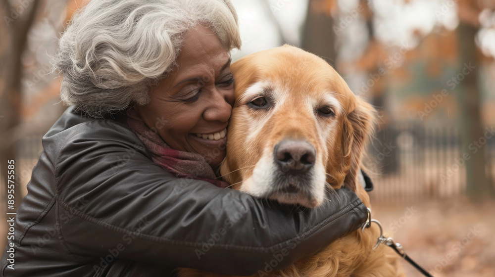 Senior Black woman embracing her golden retriever in a park, showcasing the friendship between human and animal Senior Black woman embracing her golden retriever in a park, showcasing the friendship between human and animal