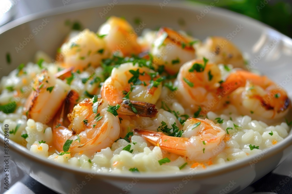 A bowl of seafood risotto, creamy and rich, with shrimp, scallops, and a hint of saffron, garnished with parsley. A bowl of seafood risotto, creamy and rich, with shrimp, scallops, and a hint of saffron, garnished with parsley.