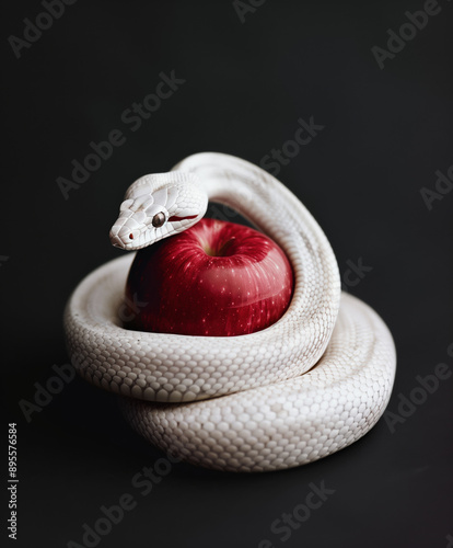 Realistic 3D Render of a White Snake Entwined with a Red Apple on a Solid Black Background, Artistic Representation photo