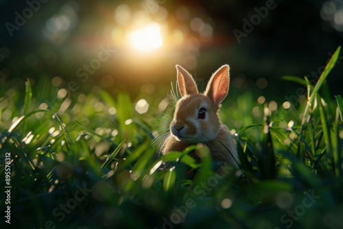 A lagomorph companion in a picturesque meadow creates a scene of peaceful charm.