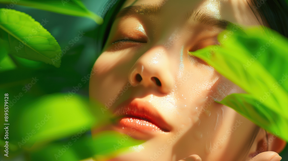 South Korean Woman with Willow Bark Extract Treating Acne in Serene Botanical Garden, Natural Exfoliation Skincare South Korean Woman with Willow Bark Extract Treating Acne in Serene Botanical Garden, Natural Exfoliation Skincare