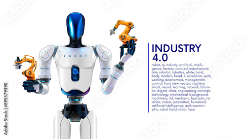 AI management work robots on factory. Humanoid robot with artificial intelligence or AI controls robotics arms on factory or manufacture. Industry 4.0. AI technology in industrial revolution. Concept