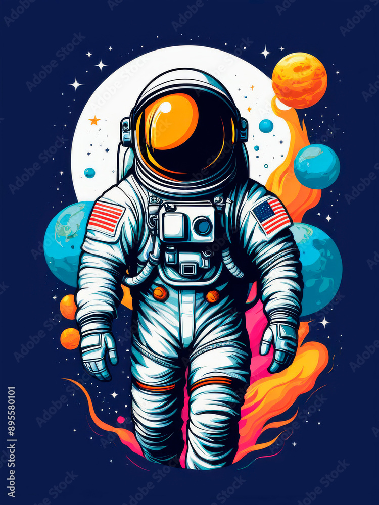 Vector t-shirt design, astronaut or spaceman in bright colors, on a dark background Vector t-shirt design, astronaut or spaceman in bright colors, on a dark background