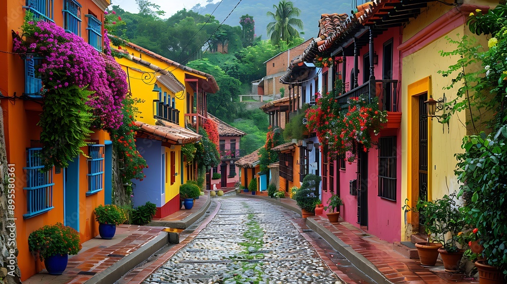 Fototapeta premium A charming street with colorful buildings, 