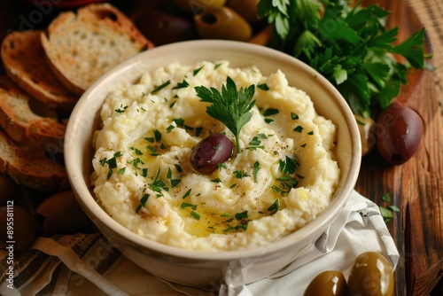 A bowl of skordalia, a garlicky potato dip garnished with parsley, served with crusty bread and olives. photo