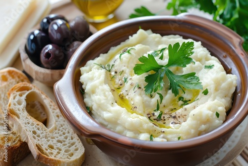 A bowl of skordalia, a garlicky potato dip garnished with parsley, served with crusty bread and olives. photo