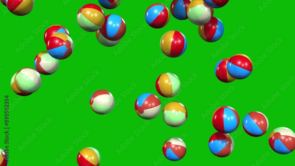 Colorful beach balls falling on green screen 3D animation Colorful beach balls falling on green screen 3D animation
