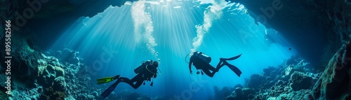 Two scuba divers are swimming in the ocean