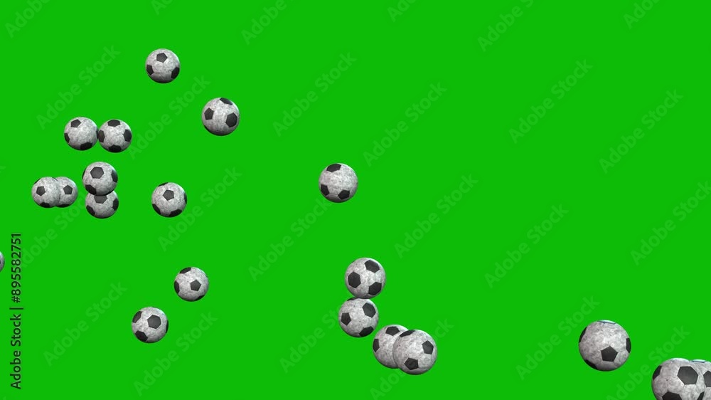 Soccer balls thrown up on green screen, bouncing, ,rolling, and passing by the camera 3D animation Soccer balls thrown up on green screen, bouncing, ,rolling, and passing by the camera 3D animation