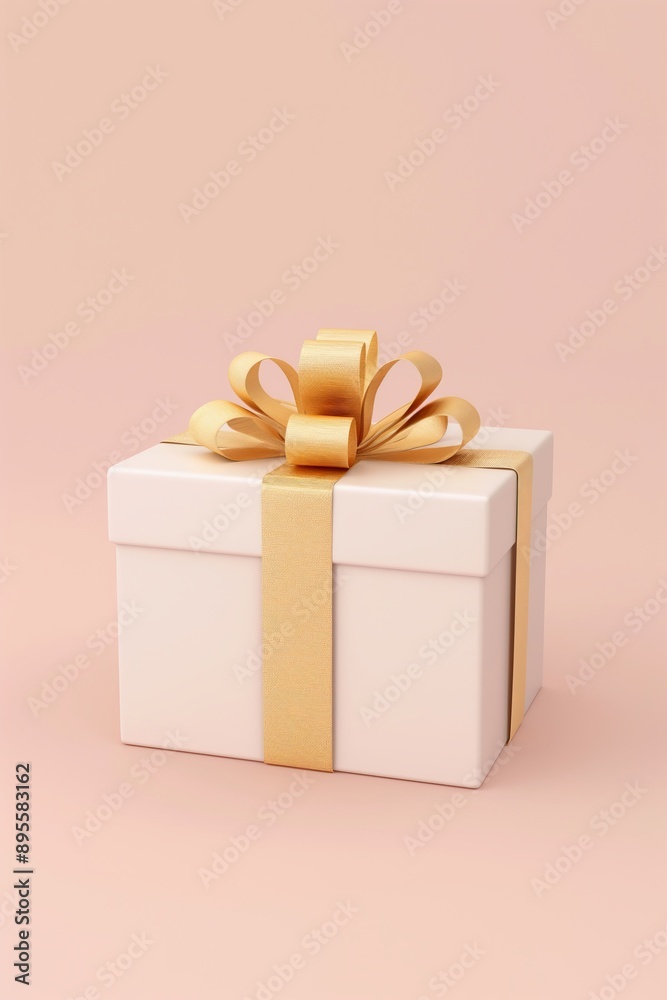 Obraz premium Elegant Gift Box with Golden Ribbon - A luxurious white gift box adorned with a golden ribbon and bow, set against a soft pink background, perfect for festive and celebration-themed projects.