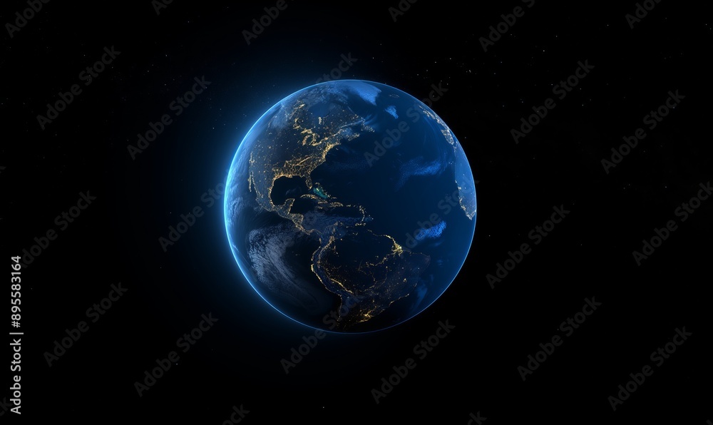 Fototapeta premium Blue Planet Earth in Space - A stunning view of planet Earth from space, showcasing the continents and glowing lights, perfect for space and astronomy-themed projects.