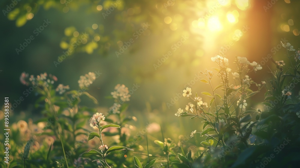 optical view of green forest with wild forest flower blossom. Morning sunrise optical view of green forest with wild forest flower blossom. Morning sunrise