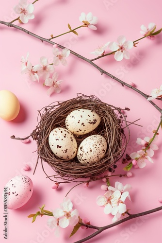 Speckled Easter Eggs in Nest with Blossoms - Three speckled Easter eggs in a nest surrounded by cherry blossoms, perfect for Easter and spring-themed projects.
