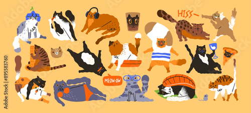 Funny cats set. Cute kittens are in different poses. Amusing kitties' life. Comic pets scratching, stretching. Silly domestic animals have fun, play, relax. Flat isolated hand drawn illustrations