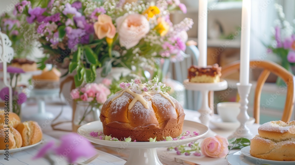 Cozy Easter Brunch Delights: Hot Cross Buns, Carrot Cake, and Floral Decor on Pastel Tableware Cozy Easter Brunch Delights: Hot Cross Buns, Carrot Cake, and Floral Decor on Pastel Tableware