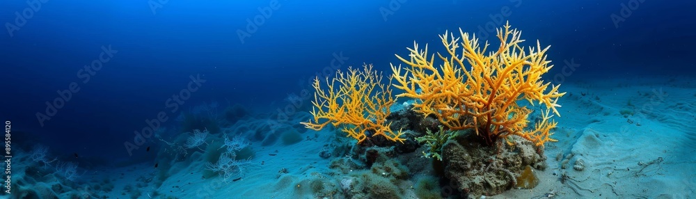 A small yellow plant is growing on the sand in the ocean A small yellow plant is growing on the sand in the ocean